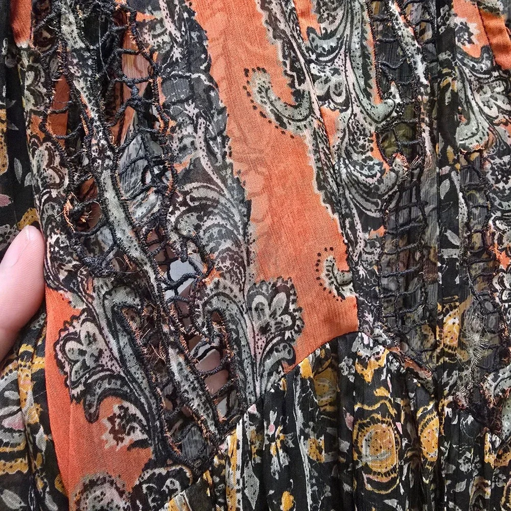 Free People Boho Paisley‎ Floral Sheer Maxi Dress Orange Black Long Sleeve XS